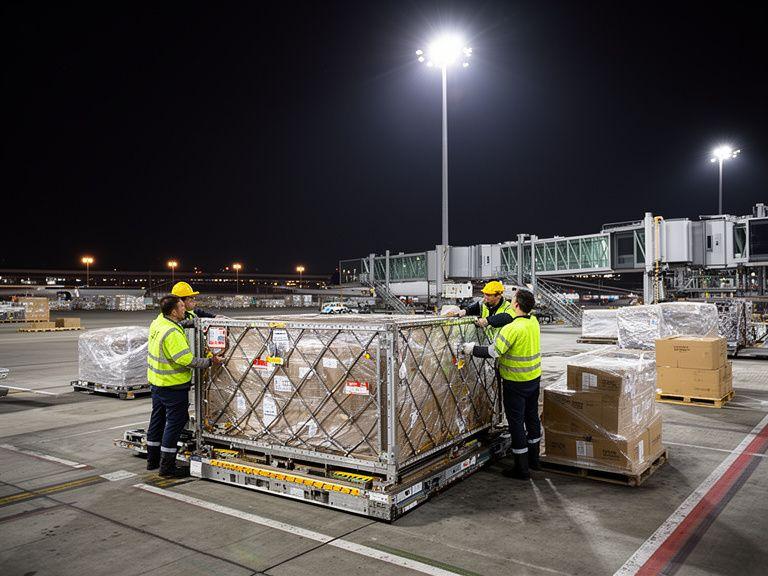 Ground crew building an air freight ULD pallet at an airport cargo terminal