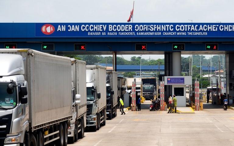 A border checkpoint on the ASEAN freight corridor with trucks queued