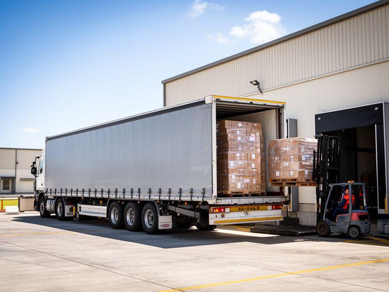 Curtainsider trailer being loaded with palletised cargo at a warehouse dock