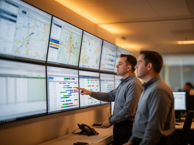 Warplink dispatch coordinators reviewing live shipment data on screens