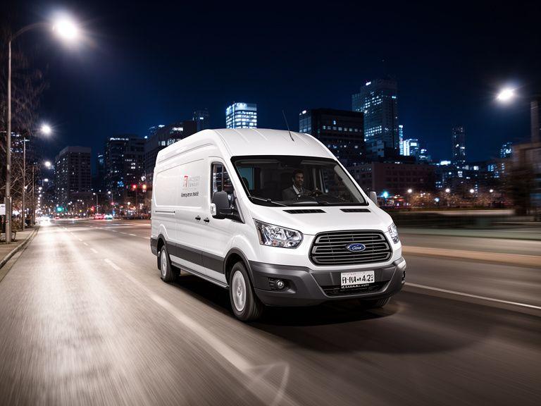 Express delivery van dispatched on a city road at night