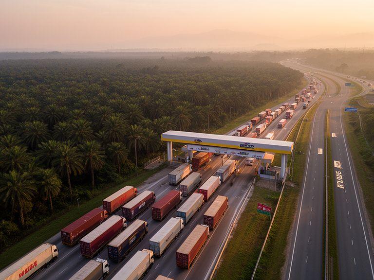 Aerial view of cargo trucks departing a logistics yard at dawn