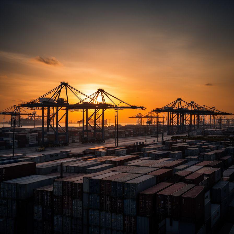 Container terminal at Port Klang at dusk with stacked freight