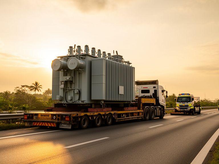 A heavy transformer being moved on a low-loader trailer along a highway